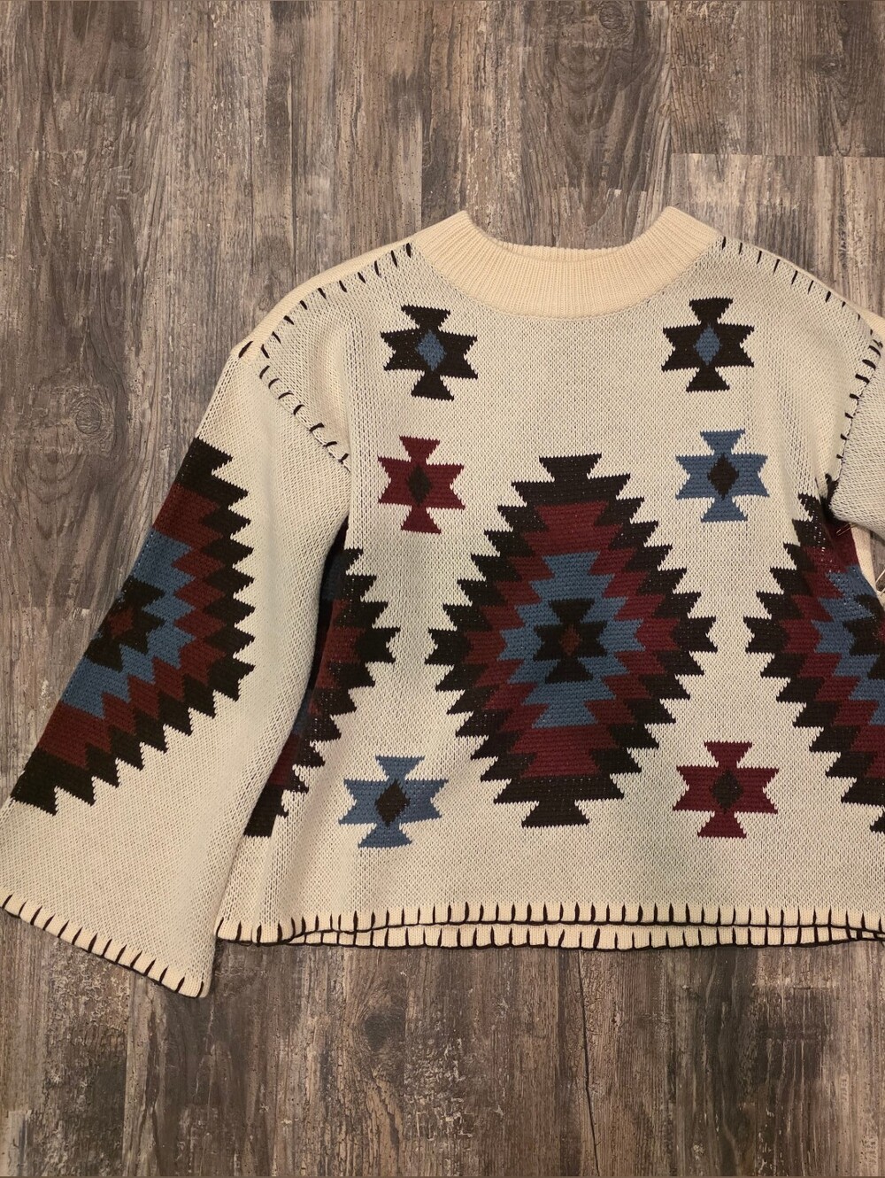 Cream Sweater with Burgundy, Navy, and Black Accents